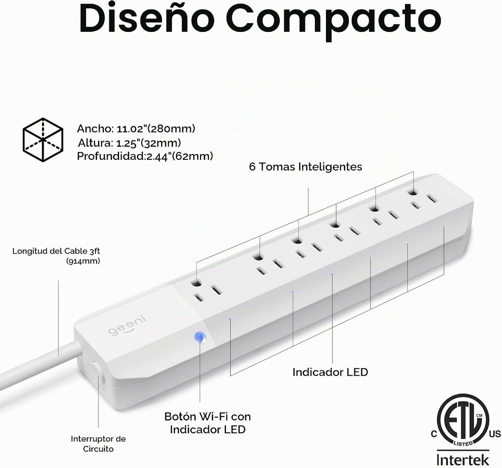 Geeni Smart Surge Protector Power Strip con 6 Wi-Fi Outlets, 3 ft. Cord