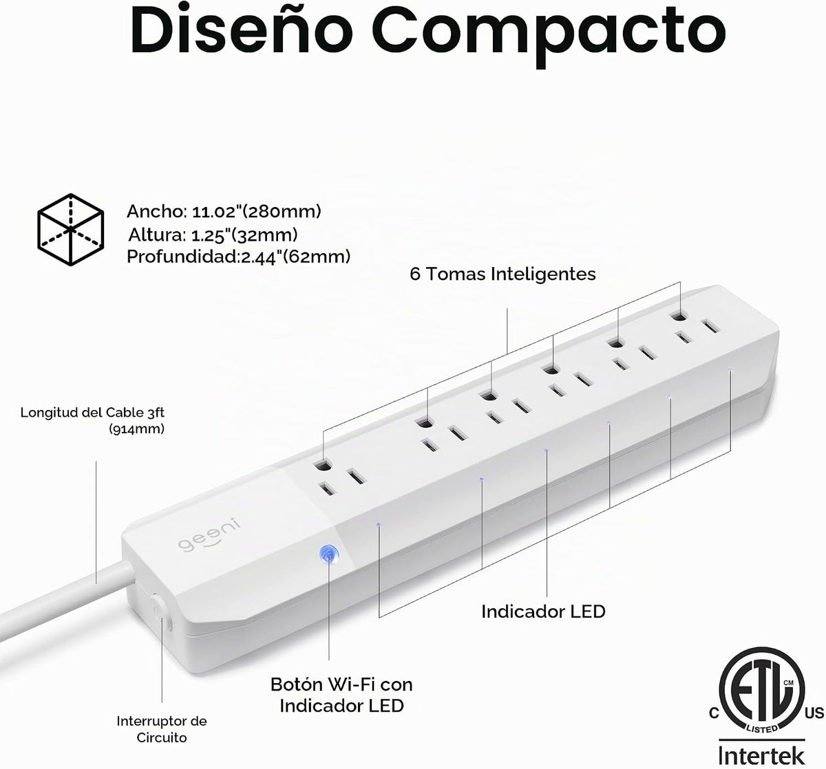 Geeni Smart Surge Protector Power Strip con 6 Wi-Fi Outlets, 3 ft. Cord