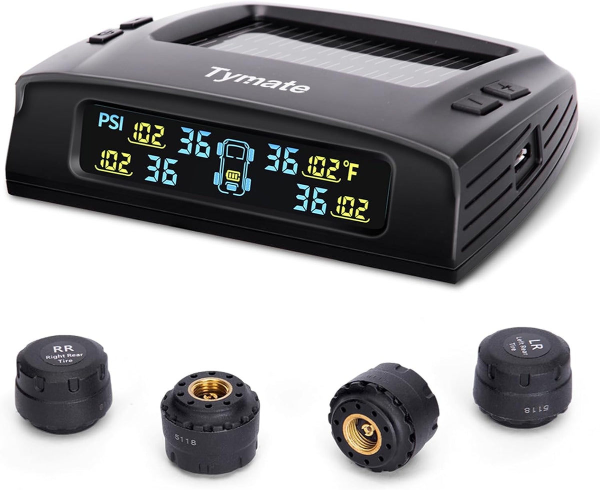 Tymate Sistema de monitoreo de presión de neumáticos TM2 RV, monitor de presión de neumáticos con carga solar, TPMS con 4 sensores (máximo 10) y 6 modos de alarma, nueva actualización con pantalla LCD