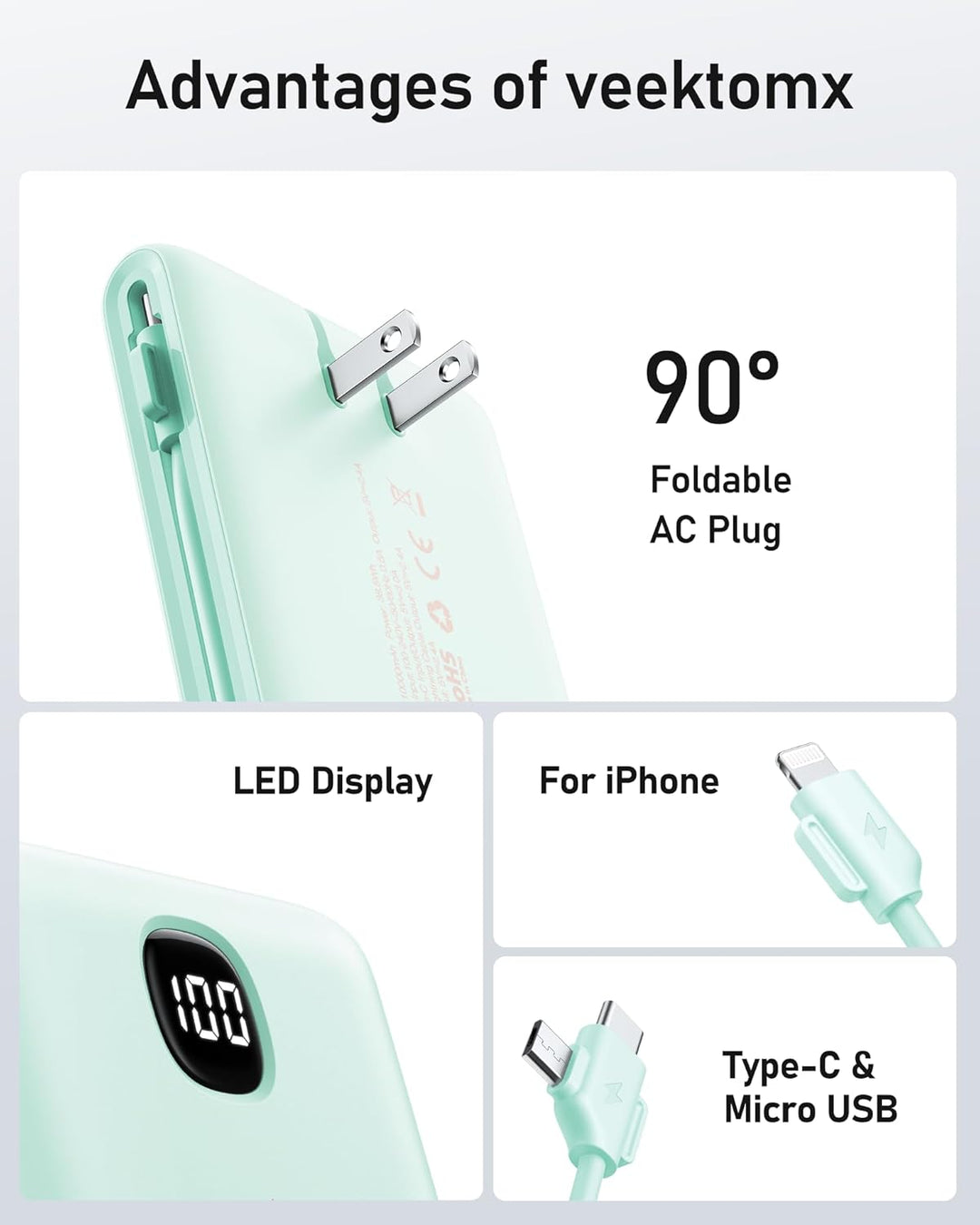 VEEKTOMX Cargador portátil con cables integrados de 10000 mAh, bate...