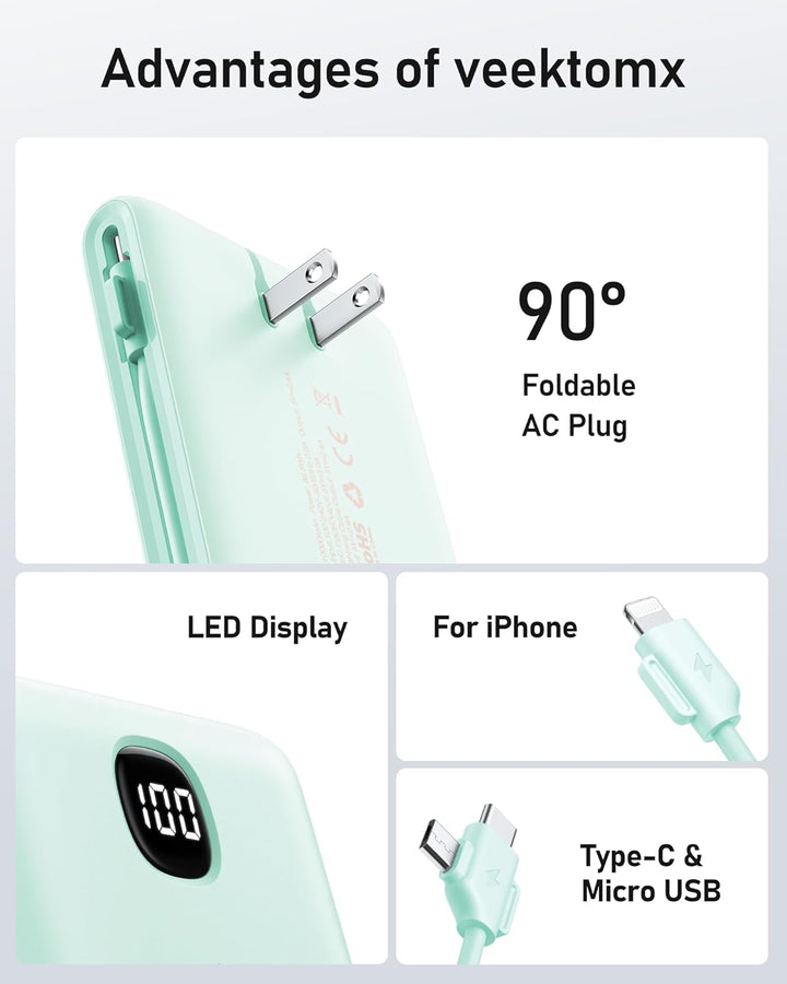 VEEKTOMX Cargador portátil con cables integrados de 10000 mAh, bate...