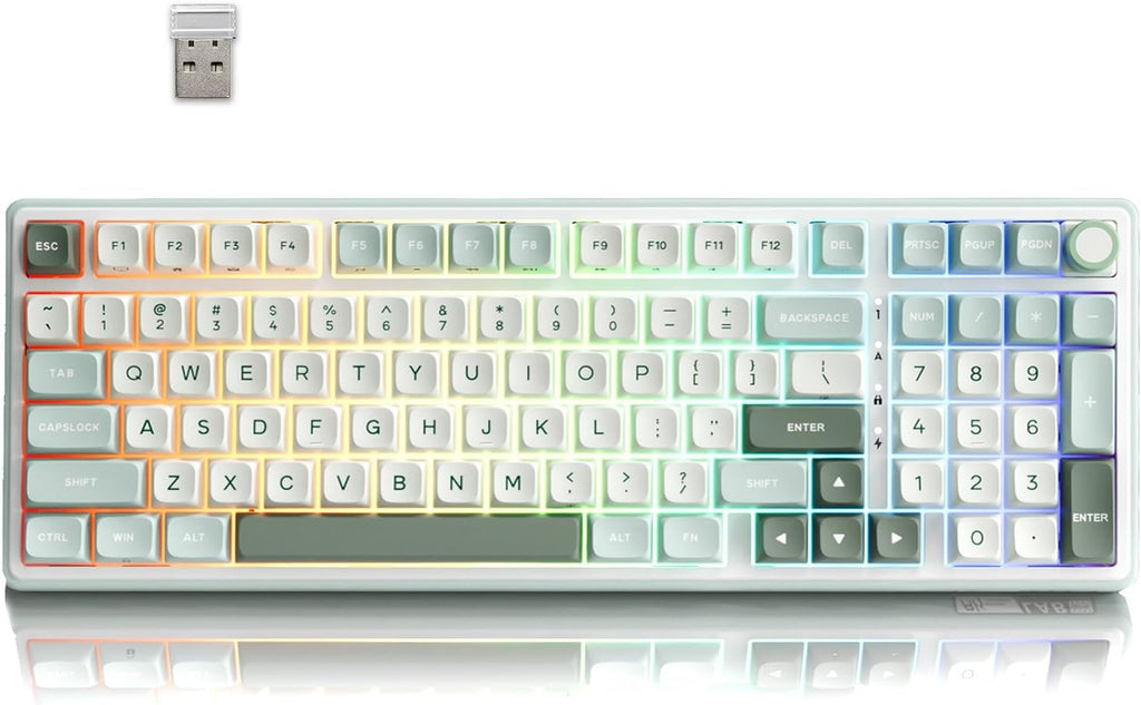 RK ROYAL KLUDGE R98 Pro - Teclado mecánico inalámbrico, teclado cremoso Bluetooth/2.4GHz/RGB con cable para juegos con teclado numérico y perilla, teclas PBT de perfil MDA, interruptor táctil intercambiable en caliente, cian