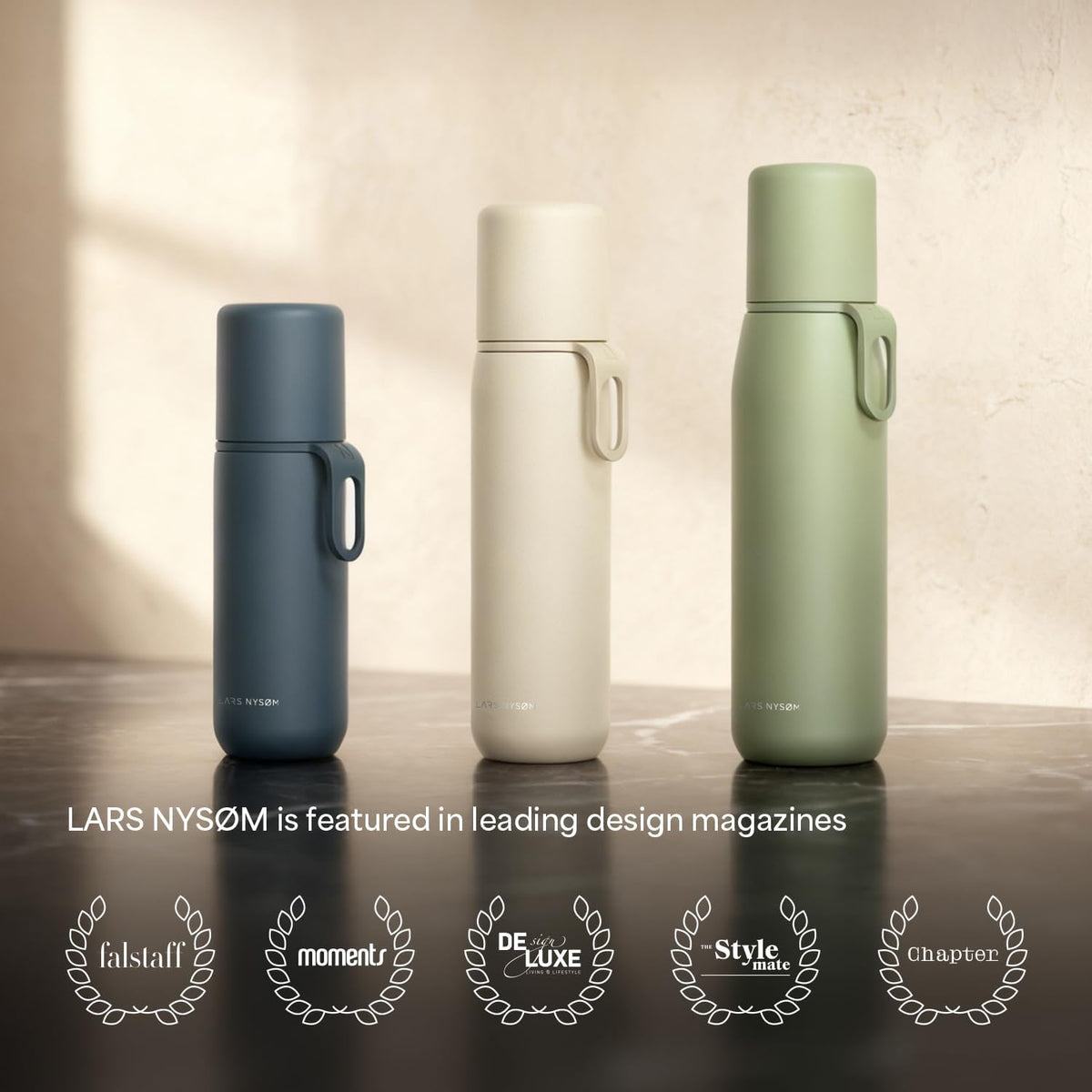 LARS NYSØM Botella de agua térmica de acero inoxidable 17oz - Taza y correa