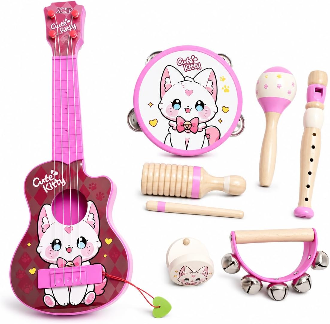 Juego de juguetes de guitarra para niños, instrumentos musicales duraderos a prueba de caídas 7 en 1 para niños de 3 a 5 años, lindo juguete de ukelele de animales con pandereta de madera, guiro
