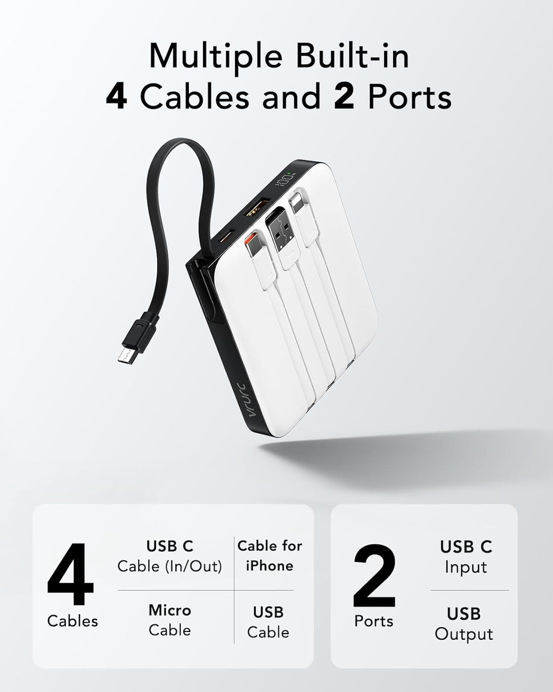 VRURC - Cargador portátil con 4 cables integrados, paquete de bater...