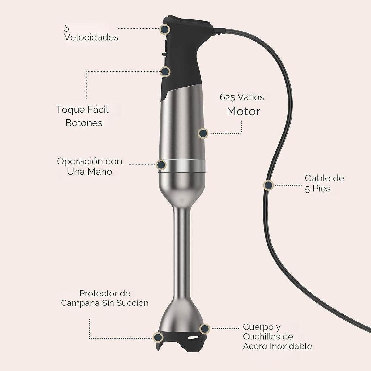 Vitamix Licuadora de inmersión de 5 velocidades, motor de 625 vatios, acero