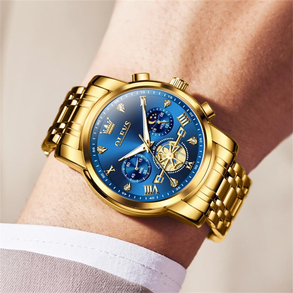 OLEVS Reloj de caballero lujo cronógrafo acero inoxidable pulsera vestimenta impermeable reloj analógico de cuarzo gran esfera luminosa