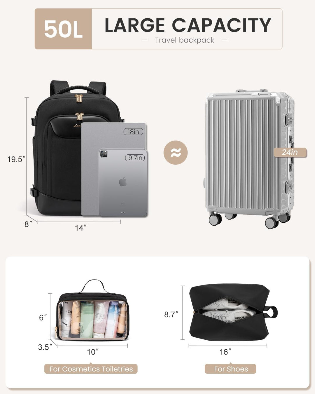 Mochila de viaje LOVEVOOK para mujeres y hombres, mochila grande de...