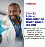AmScope SM-3T microscopio estéreo trinocular profesional con zoom estereoscópico SM-3T con control simultáneo de enfoque, oculares WH10x, aumento 7X-45X, objetivo zoom 0.7X-4.5X, iluminación ambiental, soporte de pluma de doble brazo.