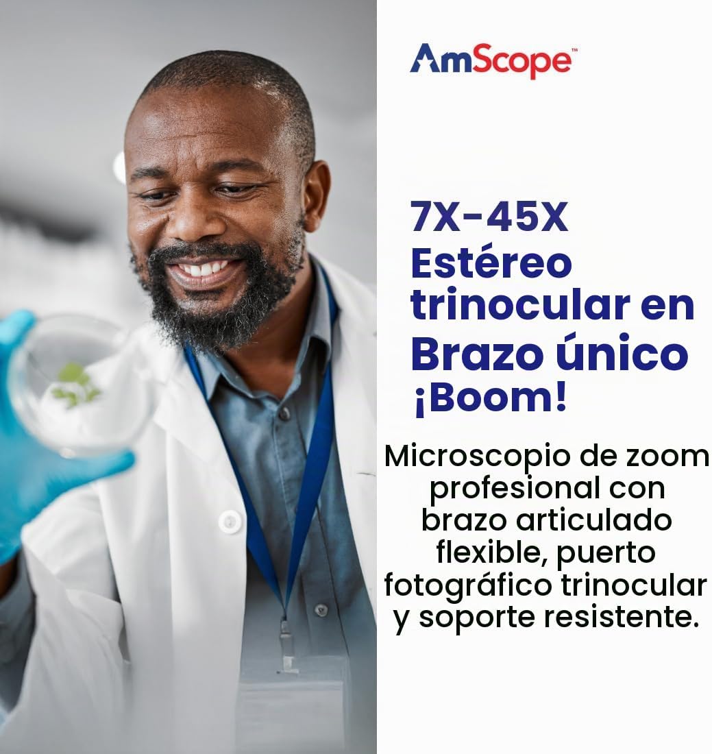 AmScope SM-3T microscopio estéreo trinocular profesional con zoom estereoscópico SM-3T con control simultáneo de enfoque, oculares WH10x, aumento 7X-45X, objetivo zoom 0.7X-4.5X, iluminación ambiental, soporte de pluma de doble brazo.