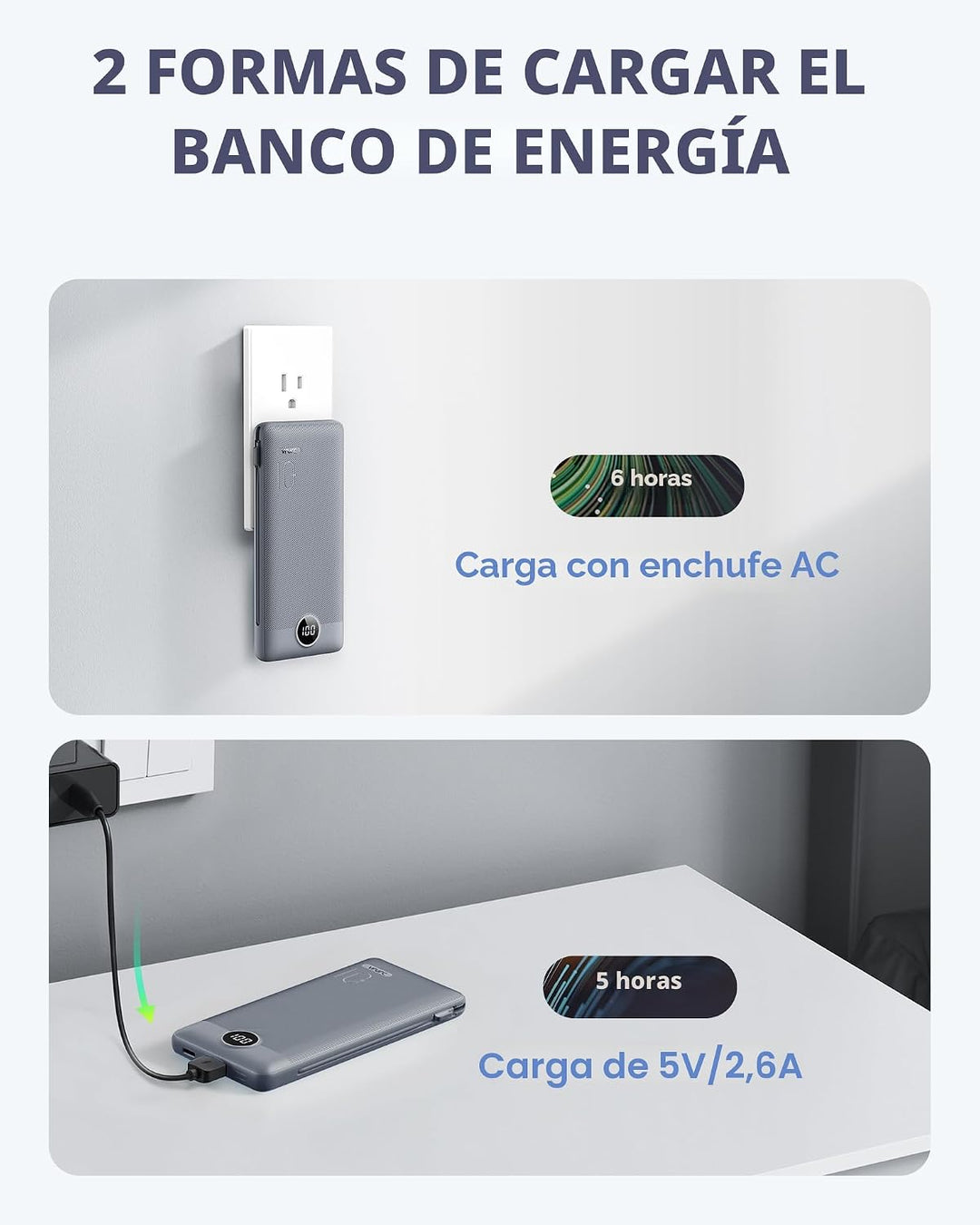 VRURC Cargador portátil con cables integrados y enchufe de pared AC...