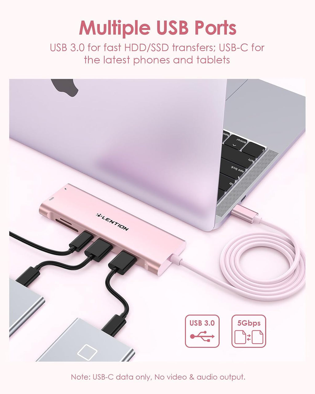 LENTION Hub USB C de cable de 3.3 pies de largo, 4K @60Hz, 100 W PD