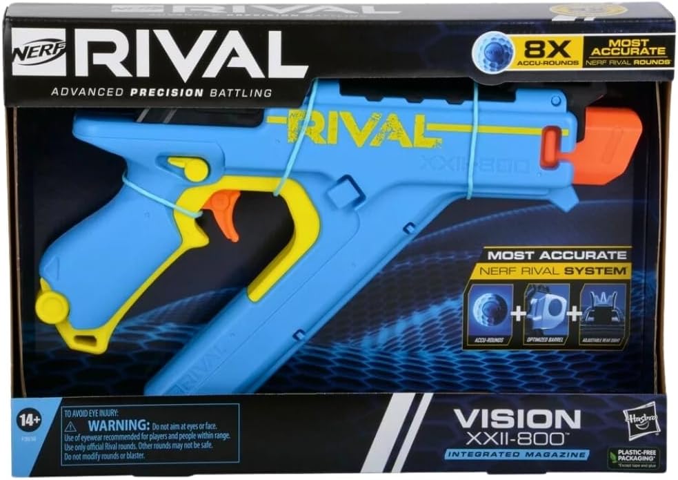 NERF Rival Vision XXII-800 Blaster, sistema de rival más preciso, vista ajustable, cargador integrado, 8 rondas rivales