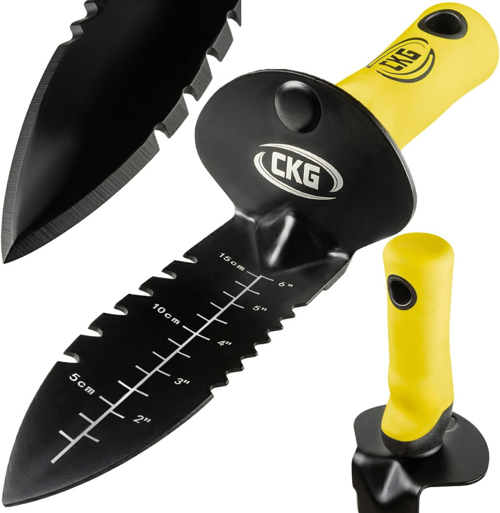 Pala detector de metales, herramienta de excavación de doble borde dentado resistente, con cuchillo para jardinería, caza, campamento, deshierbe, plantación y búsqueda de tesoros, color negro