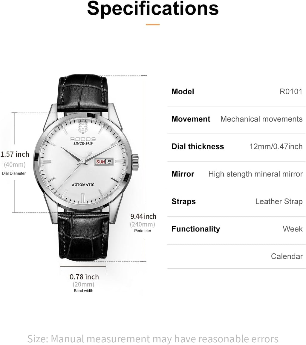 ROCOSJEWE Reloj mecánico automático para hombre, correa de cuero negro