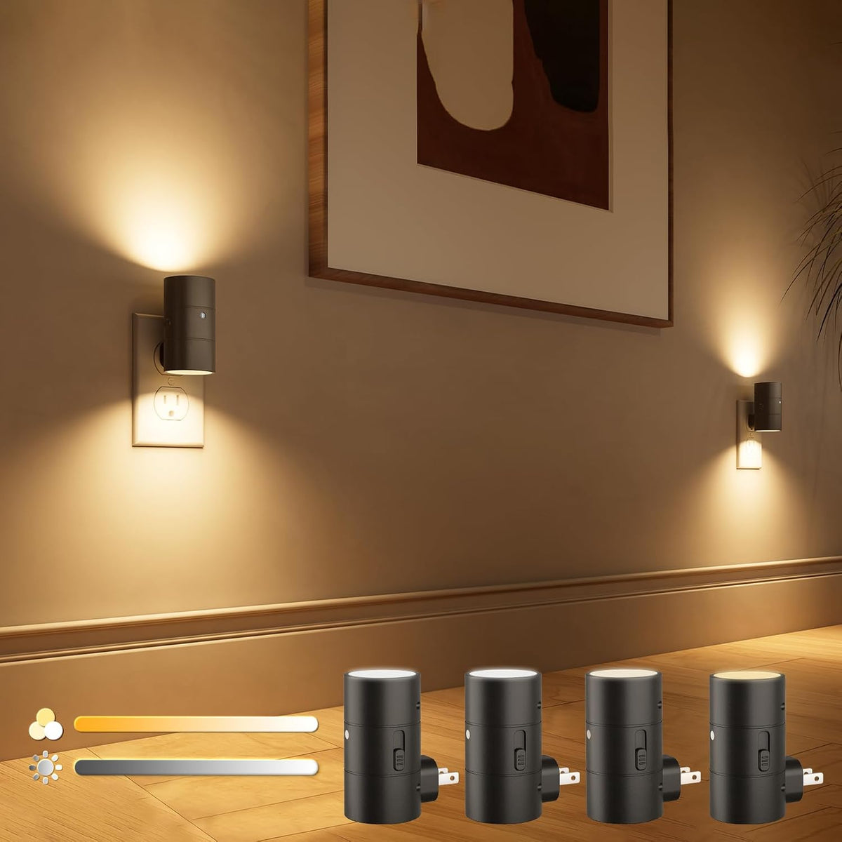 VOLISUN Luces nocturnas enchufables a la pared, luz nocturna LED regulable con sensor de luz del atardecer al amanecer, brillo ajustable de 0 a 100 lúmenes, 3 temperaturas de color, tamaño compacto