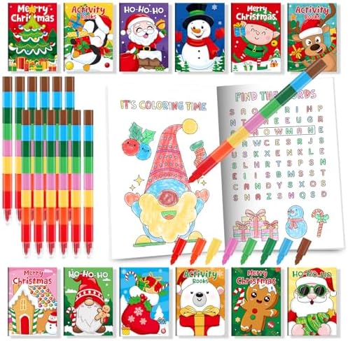 BenLouis 24 mini libros de actividades de Navidad con 24 lápices de colores para niños de 4 a 8 a 16 años, recuerdos de fiesta de Navidad a granel, diferentes juegos cerebrales para el aula, viajes