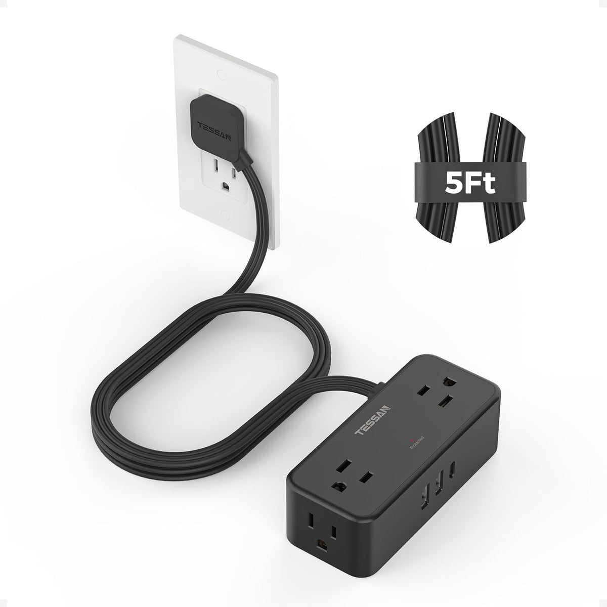 TESSAN - Cable de extensión de 5 pies, regleta de alimentación con protección contra sobretensiones 900J, color negro
