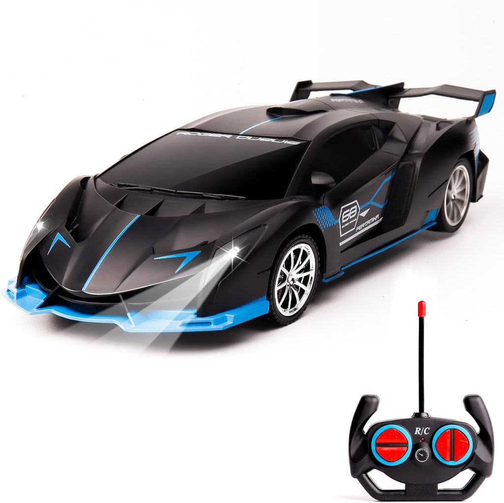 Auto a control remoto para niños a escala 1/18 recargable a control remoto, Negro y azul