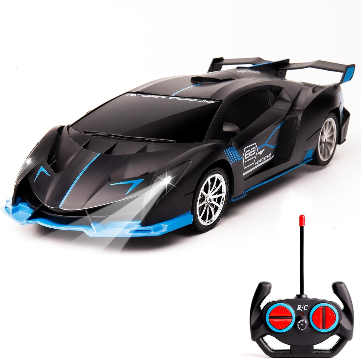 Auto a control remoto para niños a escala 1/18 recargable a control remoto, Negro y azul