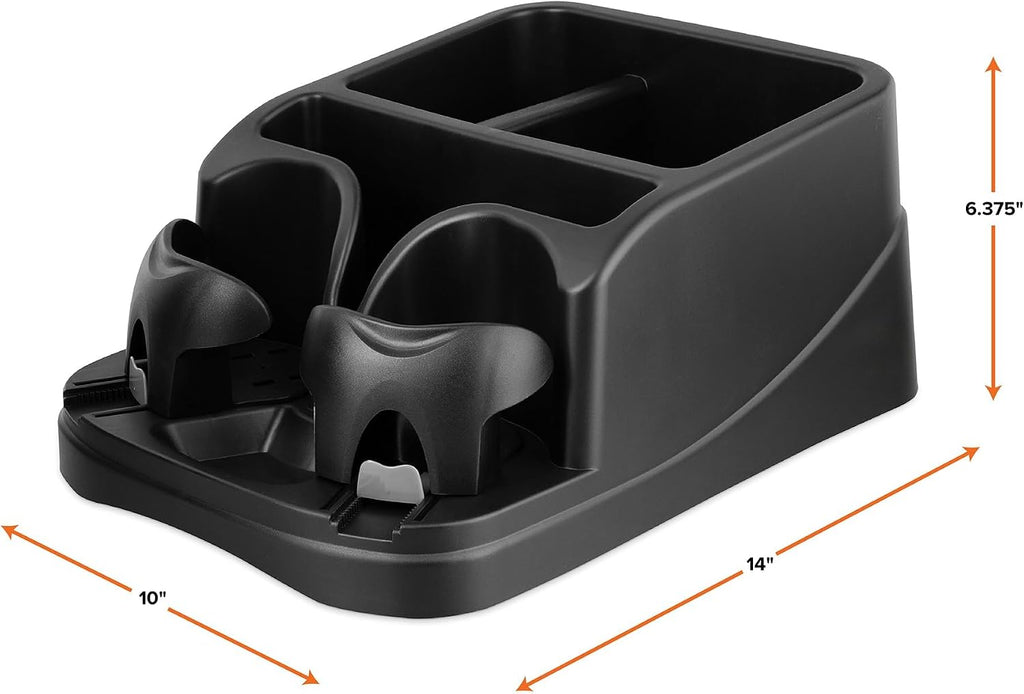 Armor All Organizador de consola de automóvil, organizador de asiento de automóvil con 2 portavasos ajustables, 3 compartimentos de almacenamiento grandes, cinturón de seguridad para sujeción segura
