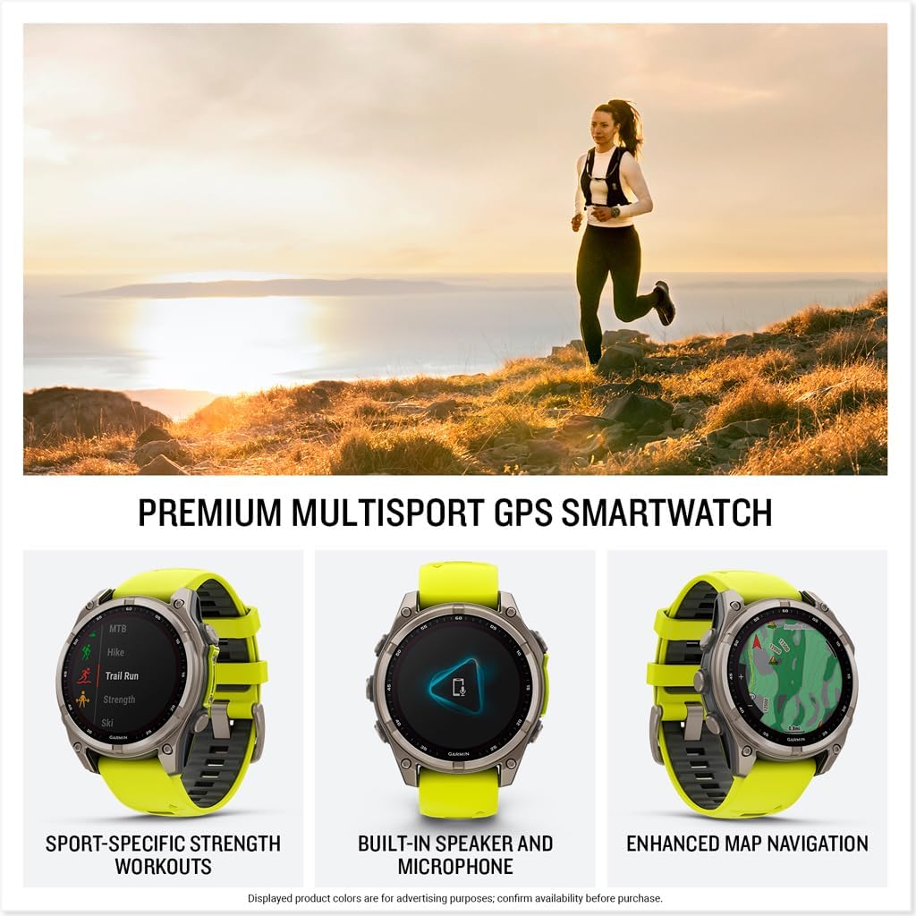 Garmin fēnix® 8 – 47 mm, Solar, Zafiro, Smartwatch GPS Multideportivo Premium, Batería de Larga Duración, Resistente al Buceo, Linterna LED Integrada, Titanio con Banda Amp Amarillo/Grafito