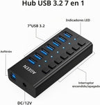 AGEEN, hub USB 3.2 de 7 puertos, alimentado, adaptador 12V/2A