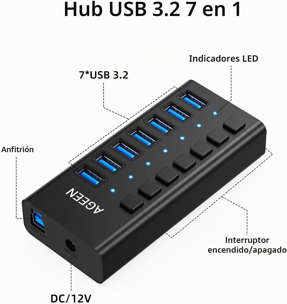 AGEEN, hub USB 3.2 de 7 puertos, alimentado, adaptador 12V/2A