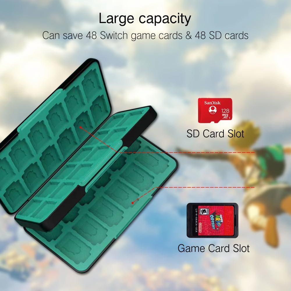 PERFECTSIGHT Funda para tarjetas de juego de 48 interruptores para Nintendo Switch OLED/ Lite, funda de cartucho para 2 juegos para tarjetas de juego y tarjetas SD, caja de almacenamiento compacta portátil Kawaii, Black Kingdom