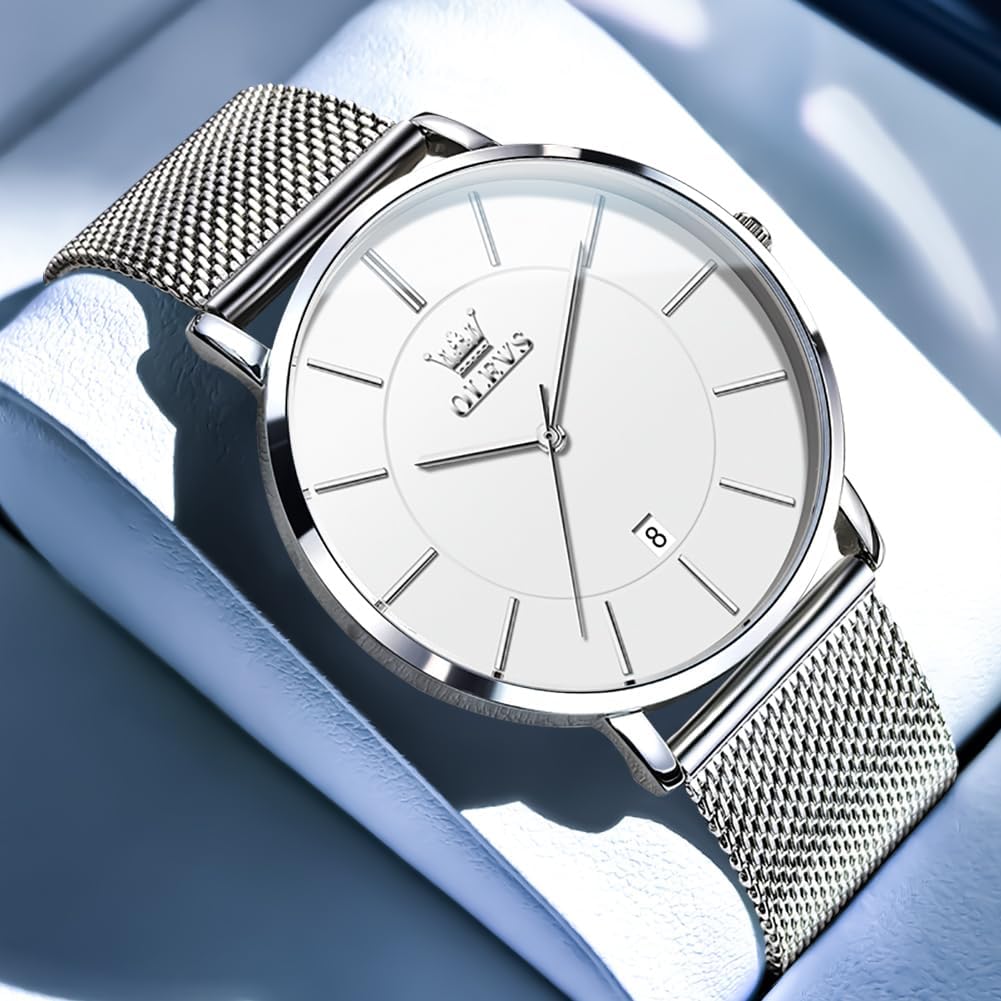 OLEVS Reloj de Hombre Cuero Negro Ultrafino 6.5mm Minimalista de Vestir Moda Simple Casual Resistente al Agua con Fecha