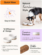 Juego de cuencos de cerámica para perros con bandeja de madera de acacia, cuenco de comida de 3.2 tazas + cuenco de agua de 29 onzas, estación de alimentación antideslizante con peso
