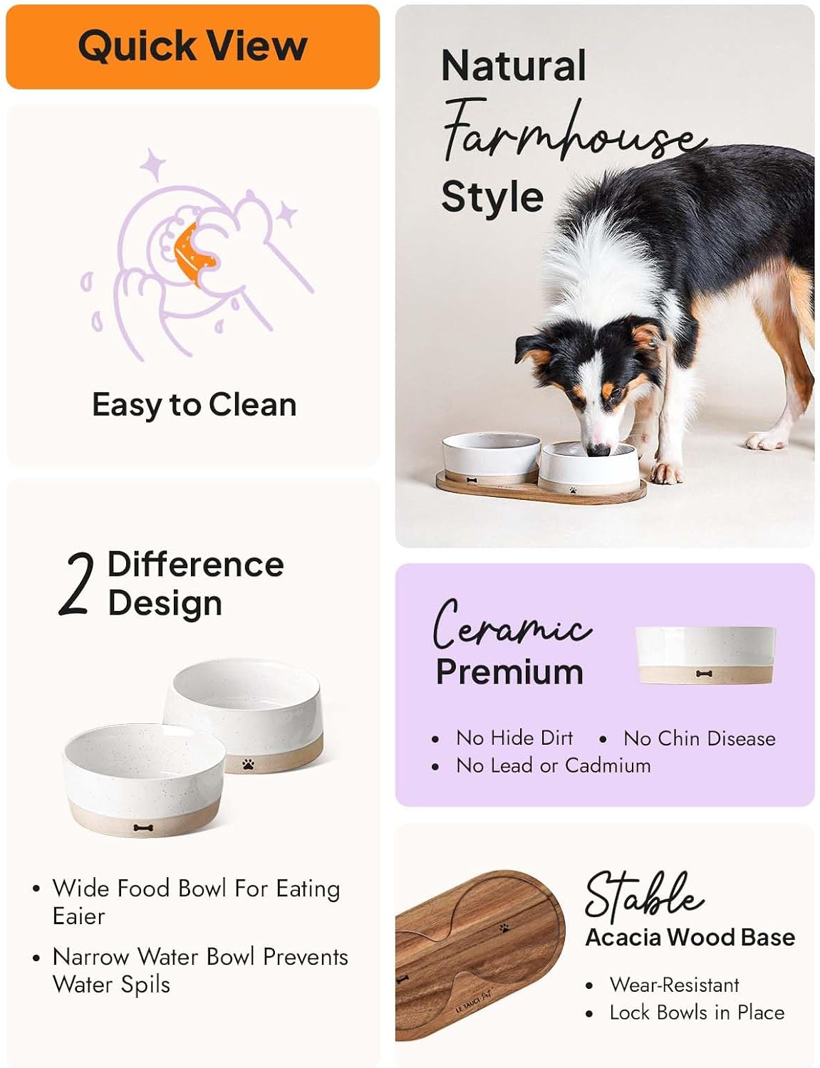 Juego de cuencos de cerámica para perros con bandeja de madera de acacia, cuenco de comida de 3.2 tazas + cuenco de agua de 29 onzas, estación de alimentación antideslizante con peso
