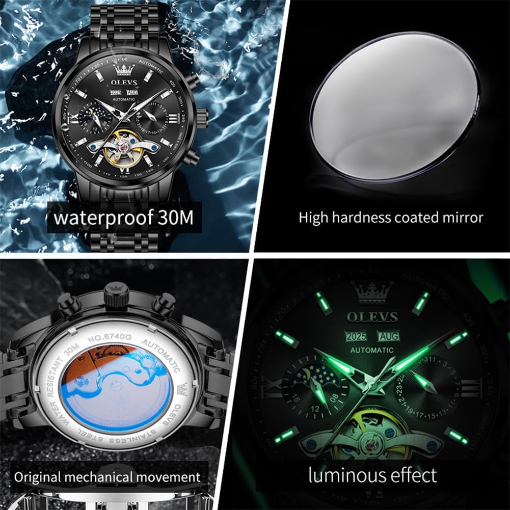 OLEVS Relojes Automáticos para Hombres Lujo Reloj Mecánico esqueleto Autoa Tono Cuerda continua Fecha a prueba de agua Luminoso Reloj para Hombres