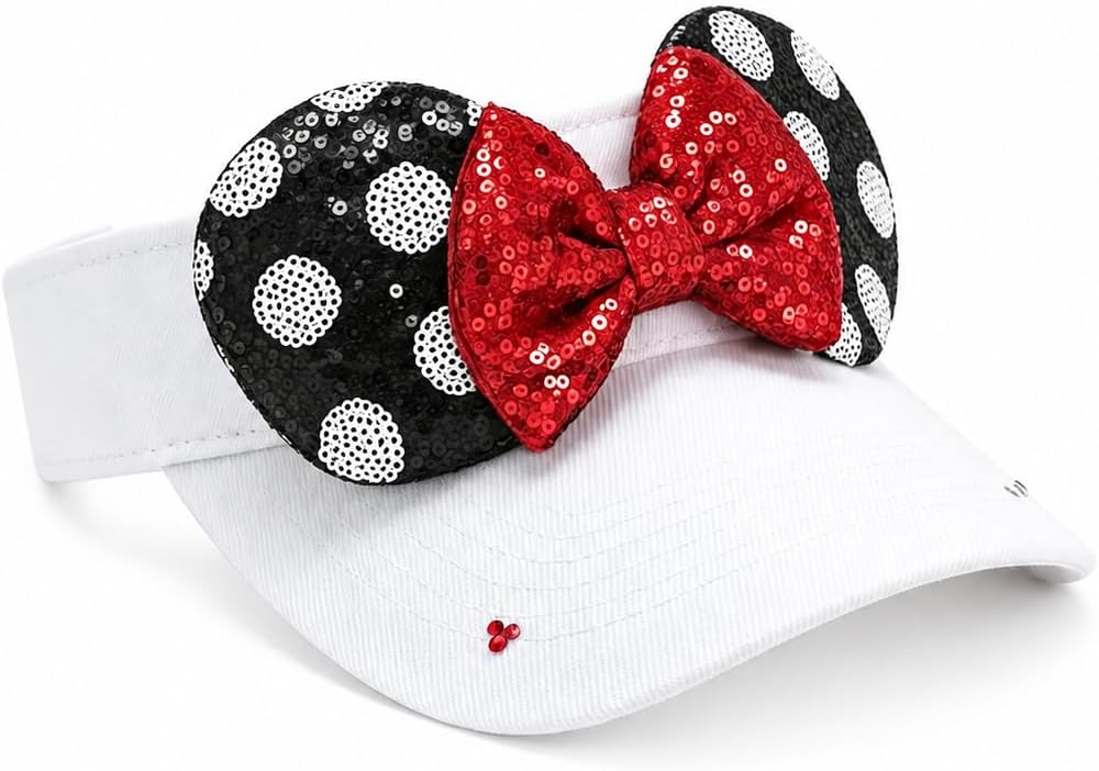 Sombrero brillante con visera de orejas de ratón para mujeres adultas, gorra ajustable con lazo de orejas de ratón de lentejuelas, lindo sombrero de visera con purpurina para parques temáticos y festivales, color blanco