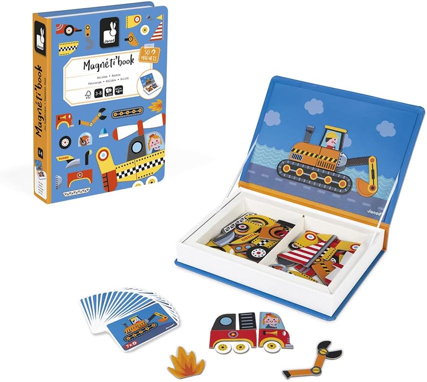 Janod MagnetiBook - Juego de 69 piezas de vehículos magnéticos de corredores - A partir de 3 años - Construyendo estructuras creativas - Mejora las habilidades de creatividad - Incluye 50 imanes y 18