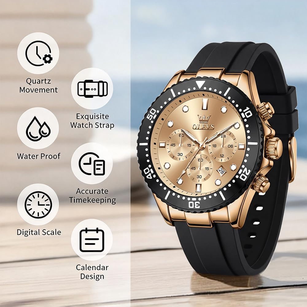 OLEVS Relojes para hombres con correa negra, Reloj cronógrafo profesional para hombres