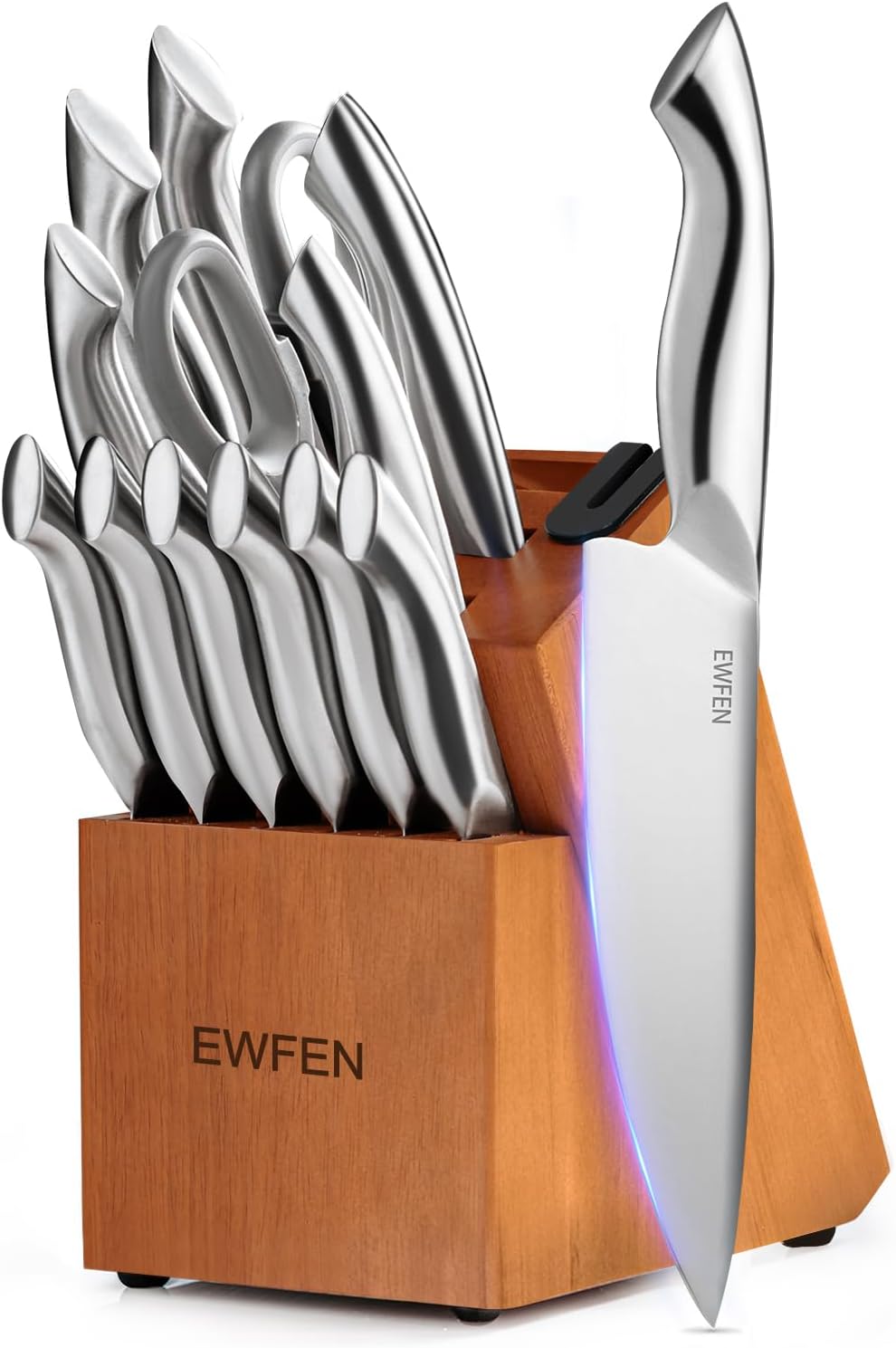 EWFEN - Juego de cuchillos de cocina de 14 piezas con bloque, cuchillos de acero inoxidable alemán con afilador de cuchillos integrado, juego de cuchillos afilados antideslizantes para cocina, apto para lavavajillas, mango curvado