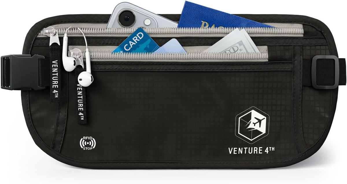 VENTURE 4TH Cinturón de dinero de viaje, RFID bloqueo pasaporte titular - negro