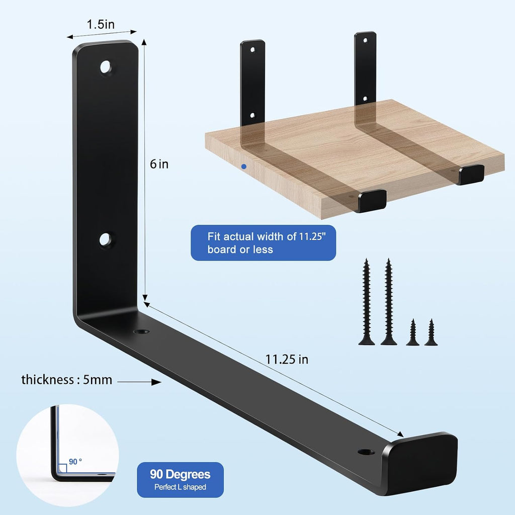 Soportes de estante de 12 pulgadas para estante flotante de bricolaje, soporte flotante resistente de 1/5 pulgadas de grosor, apto para el hogar, cocina, baño, garaje, sala de estar, paquete de 6 unidades, negro, 11.25 x 6 x 1.5 pulgadas