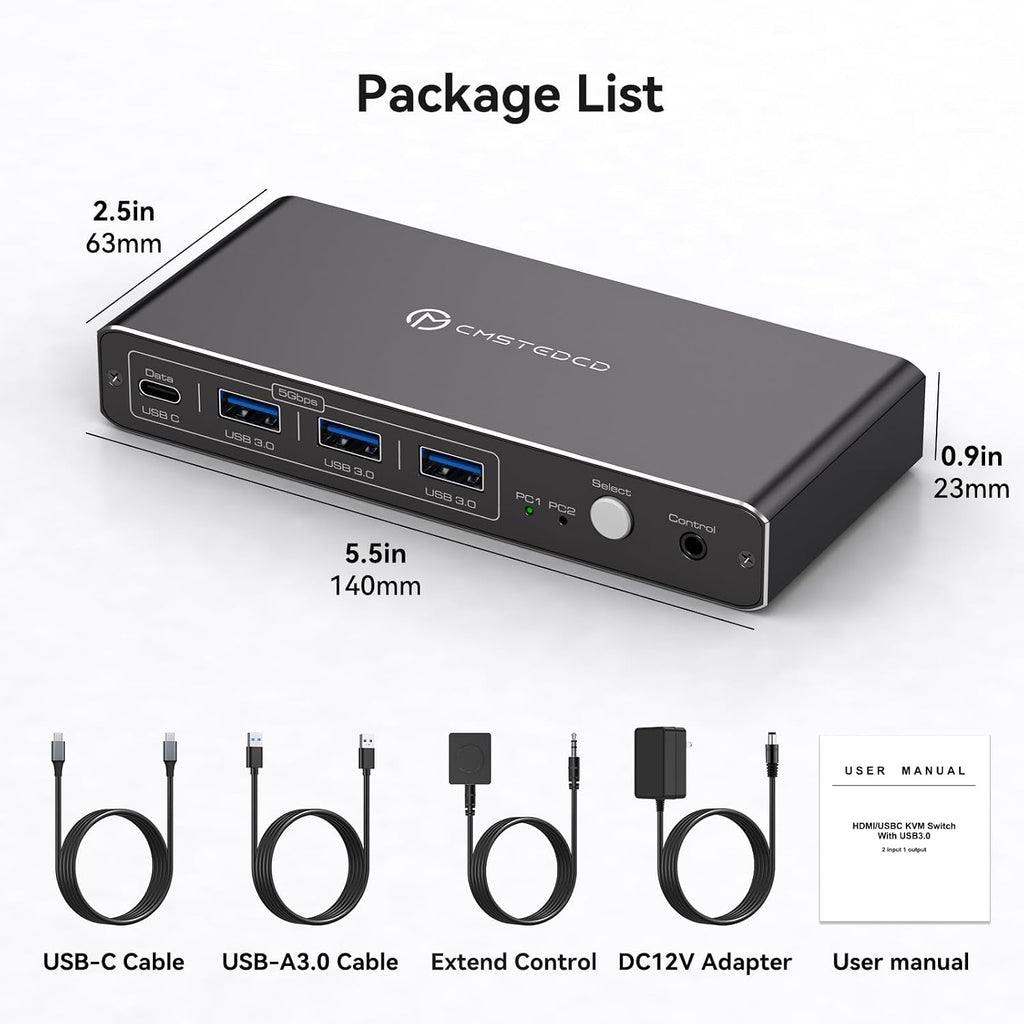 Conmutador KVM 1 monitor 2 ordenadores, 4K@60Hz USB-C HDMI KVM