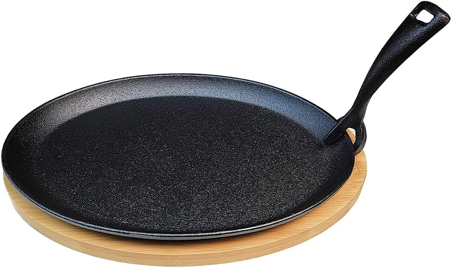 HAWOK Fajita de hierro fundido con bandeja de bambú y asa Juego de 4