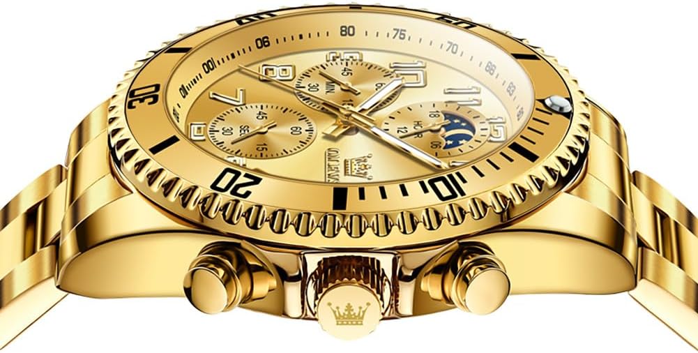 OLEVS Reloj de caballero Cronógrafo de lujo con fases de la luna, dos tonos, acero inoxidable, a prueba de agua, luminiscente, calendario empresarial, reloj de pulsera