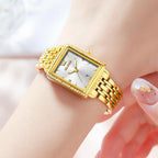OLEVS Reloj de mujer de oro de acero inoxidable, reloj de cara cuadrada pequeña con decoración de diamantes, reloj de vestir de cuarzo analógico de lujo para mujer, reloj de pulsera impermeable con