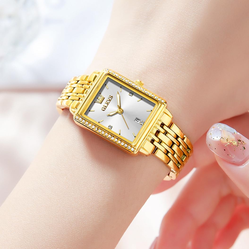 OLEVS Reloj de mujer de oro de acero inoxidable, reloj de cara cuadrada pequeña con decoración de diamantes, reloj de vestir de cuarzo analógico de lujo para mujer, reloj de pulsera impermeable con