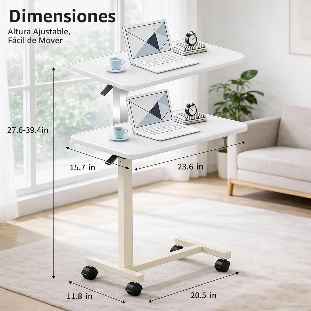 Mesa de noche ajustable con ruedas, mesa de noche neumática con elevación de altura, escritorio de pie para uso doméstico y oficina, ideal para personas mayores y movilidad limitada (blanco)