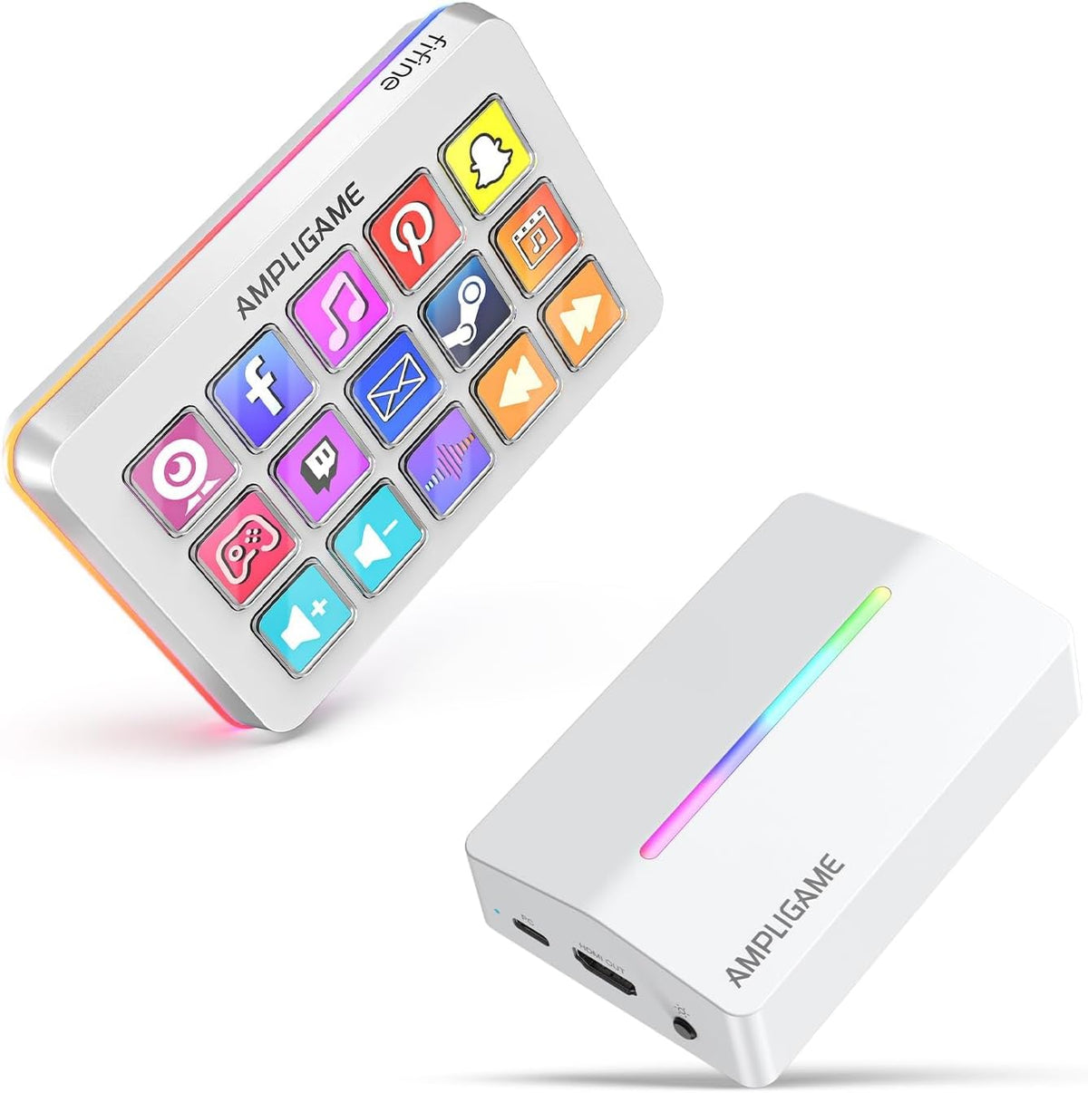 FIFINE AmpliGame - Controlador de juegos con kit de tarjeta de captura 4K, teclado de transmisión con 15 accesos directos, teclas macro, tarjeta de captura 1080P con puerto HDMI, RGB, compatible con Switch/XBOX/PS5/PC (D6+V3 blanco)