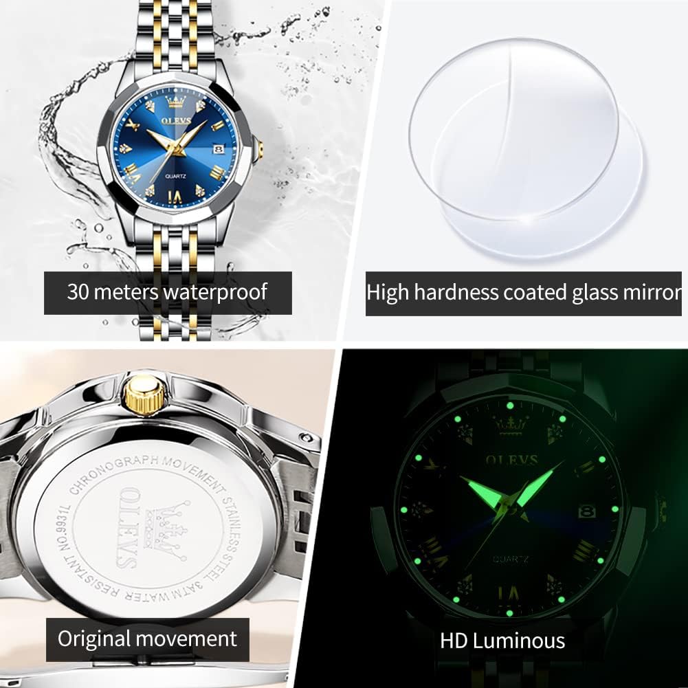 OLEVS Reloj para Mujer Moderno de Moda con Diamantes para Damas Analógico, Acero Inoxidable, Resistente al Agua, Luminosa, Día, Fecha, Dos Tonos