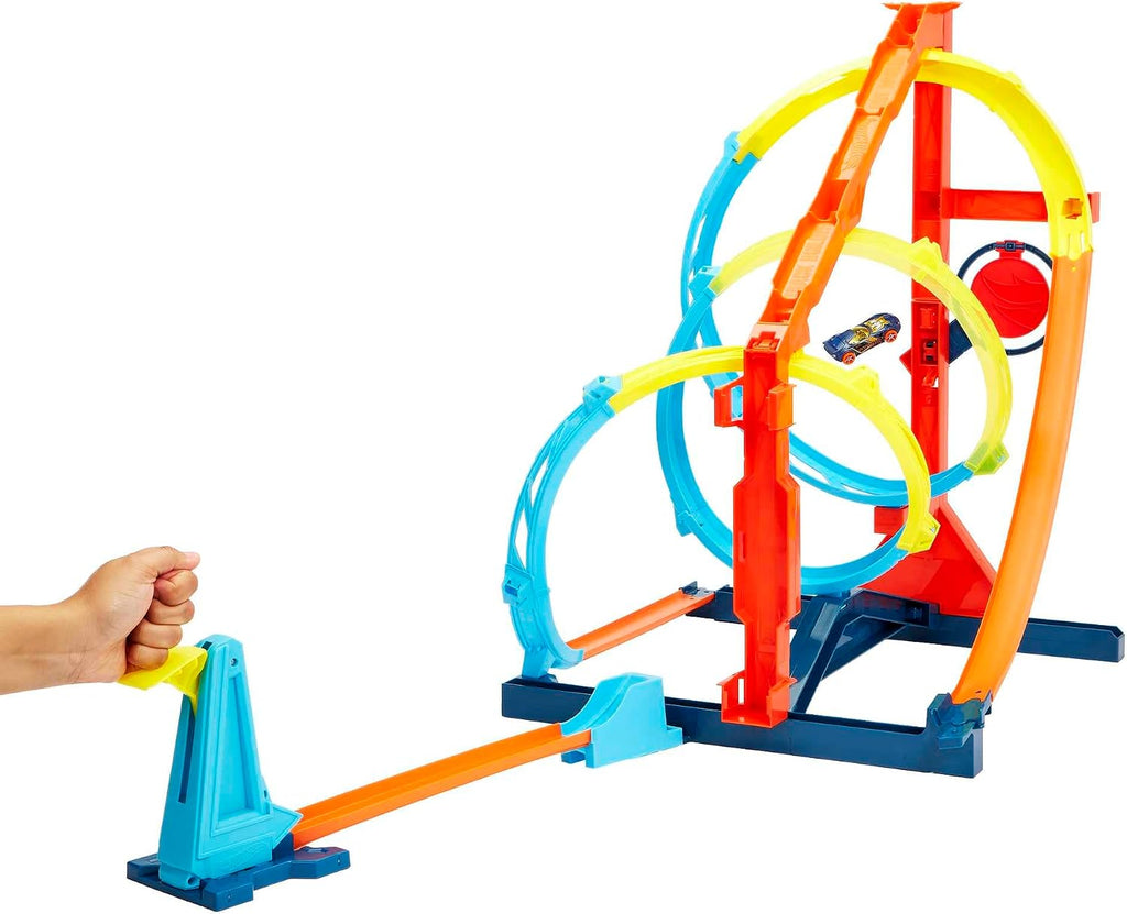 Hot Wheels Juego de pistas de coche de juguete, kit de torsión de sacacorchos ilimitado y vehículo a escala 1:64, 2 formas de correr, se conecta a otras pistas