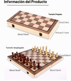 Juego de ajedrez de madera de 15", tablero de ajedrez y damas plegable magnético 2 en 1