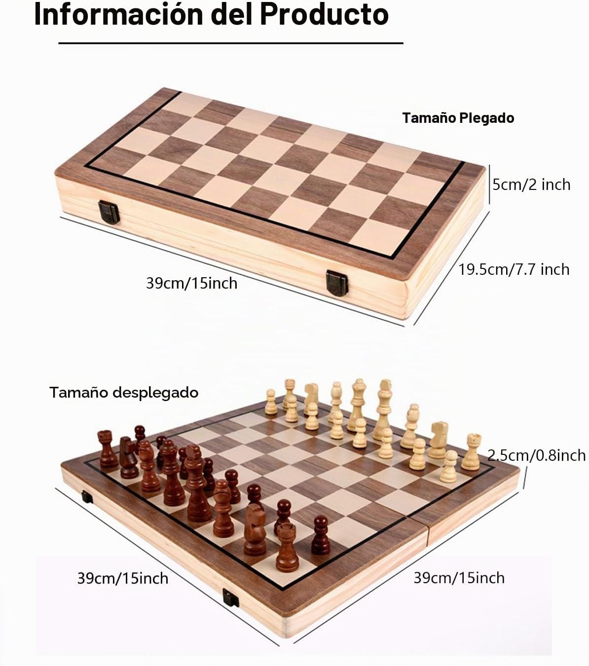 Juego de ajedrez de madera de 15", tablero de ajedrez y damas plegable magnético 2 en 1